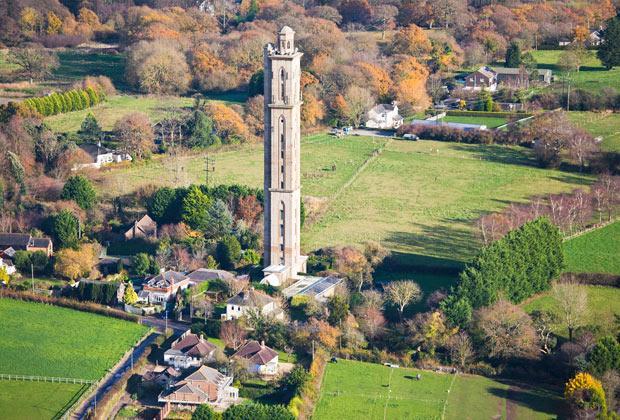 Aerial view of Sway Tower built by Andrew Peterson in the 1880s.