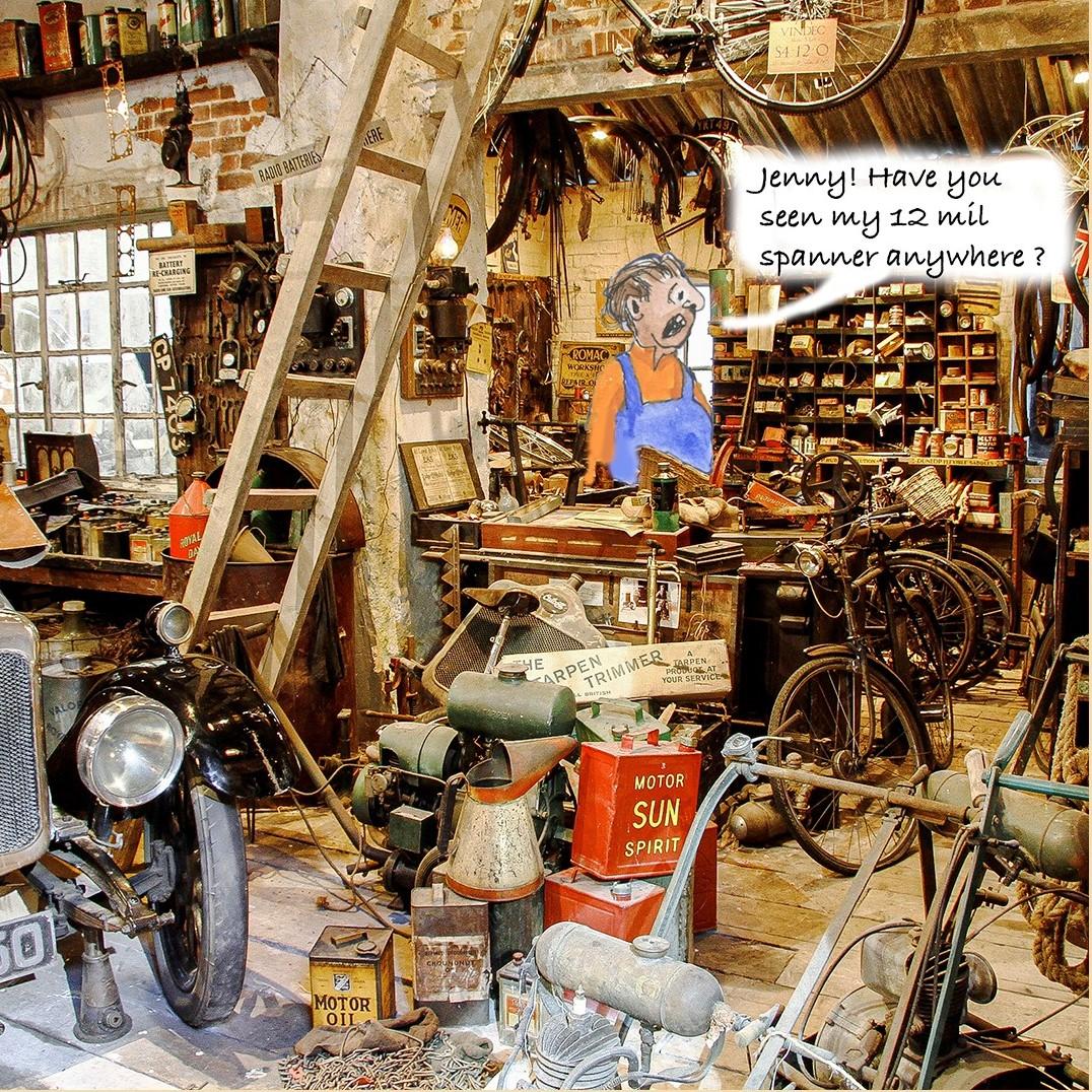 A shed at Beaulieu Motor Museum as basis for Hugh Lohan cartoon
