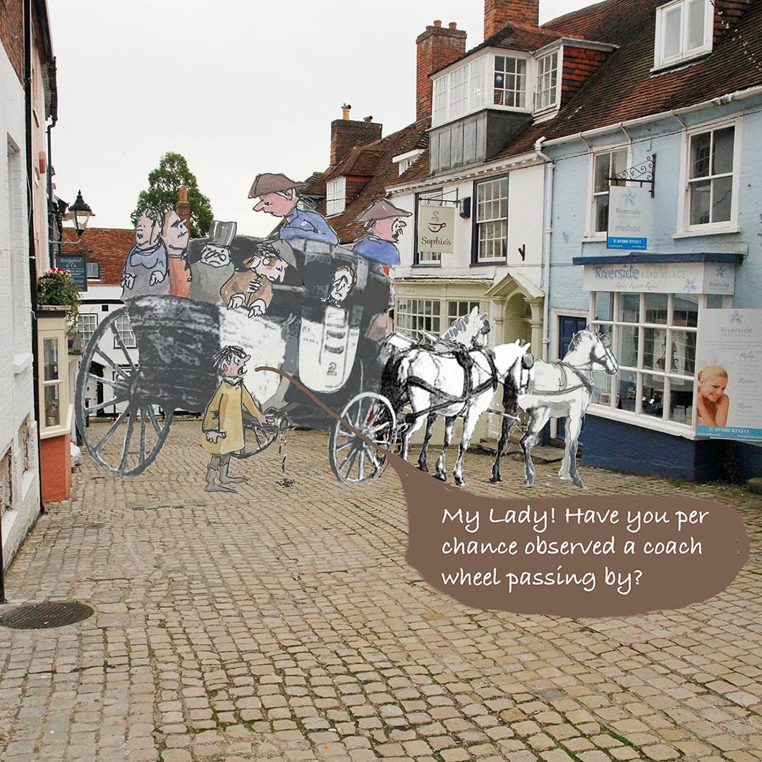 stagecoach in Lymington, cartoon by Hugh Lohan