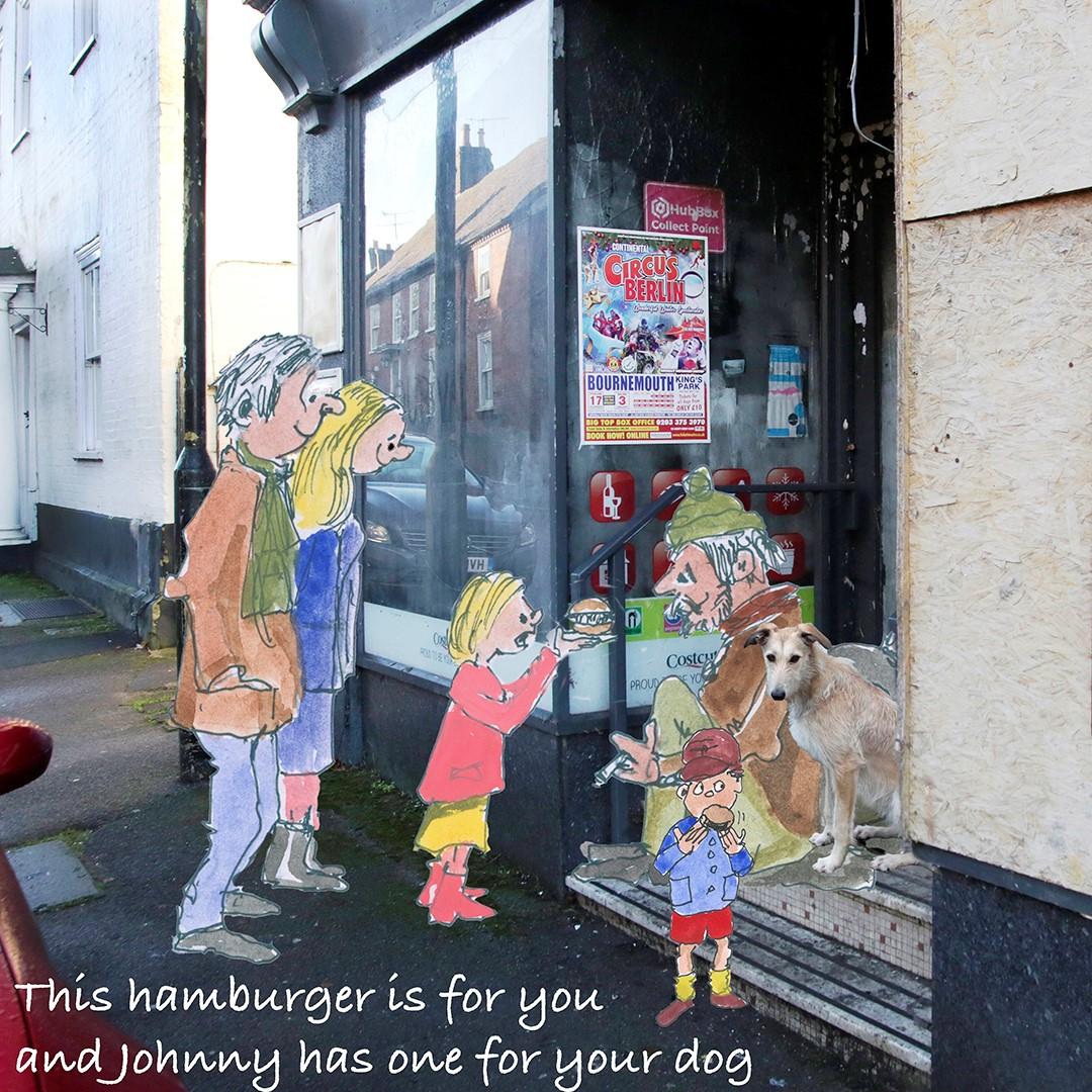 family in shop doorway with homeless person and dog