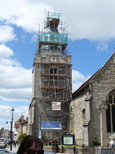 Scaffolding erected around the church tower at St Thomas Church